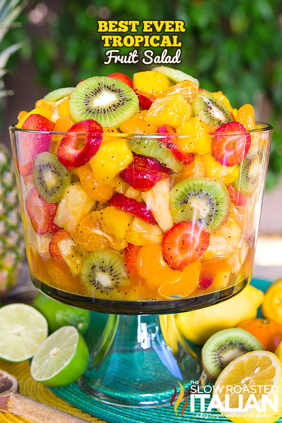 Tropical fruit salad for weight loss. Delicious, sweet and tart flavor salad to curb appetite. Fat burning fruit salad. Low-calories snacks. 