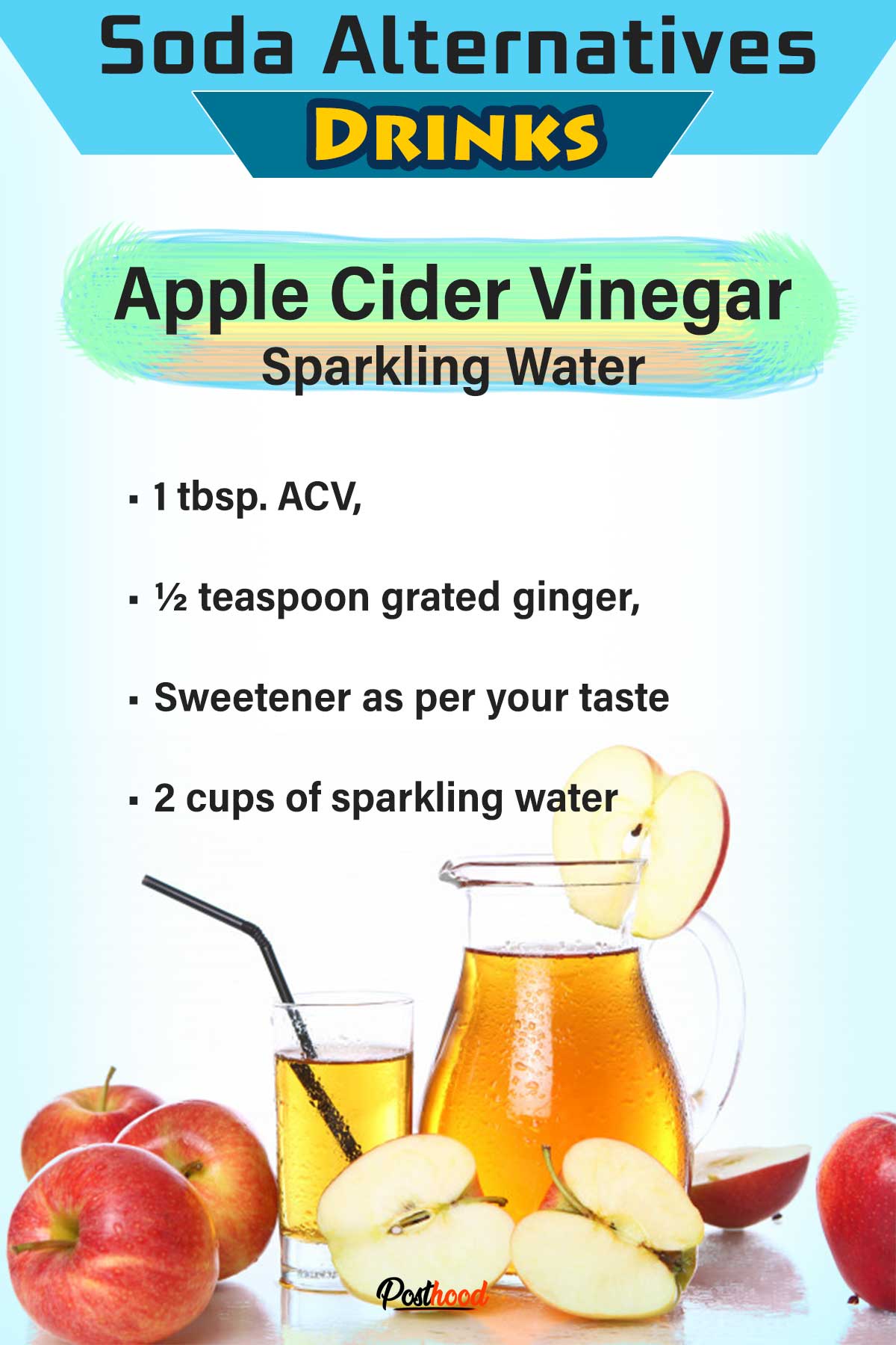 Apple cider vinegar sparking water to replace your soda drinks. Try these homemade healthiest drinks to overcome your soda habit. Best soda alternatives drinks.